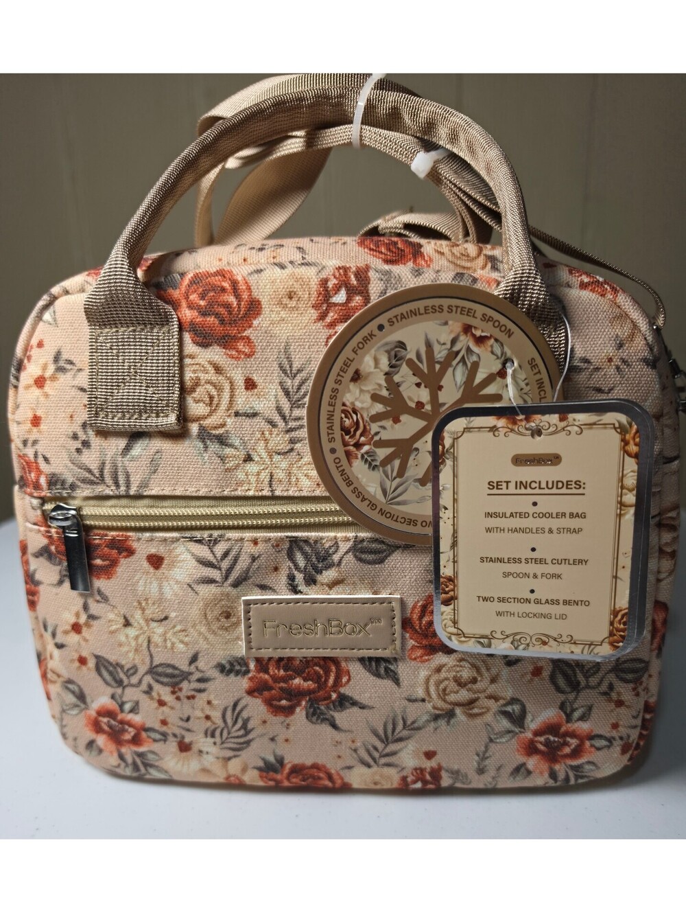 FreshBox Insulated Floral Cooler Bag with Stainless Steel Cutlery and Glass Two-